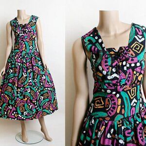 Vintage 1980s does 1950s Colorful Cotton Graffiti Sundress Dress Corset Small